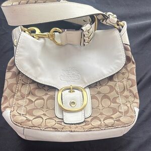Coach Brown and Cream Shoulder Bag with Gold Accents